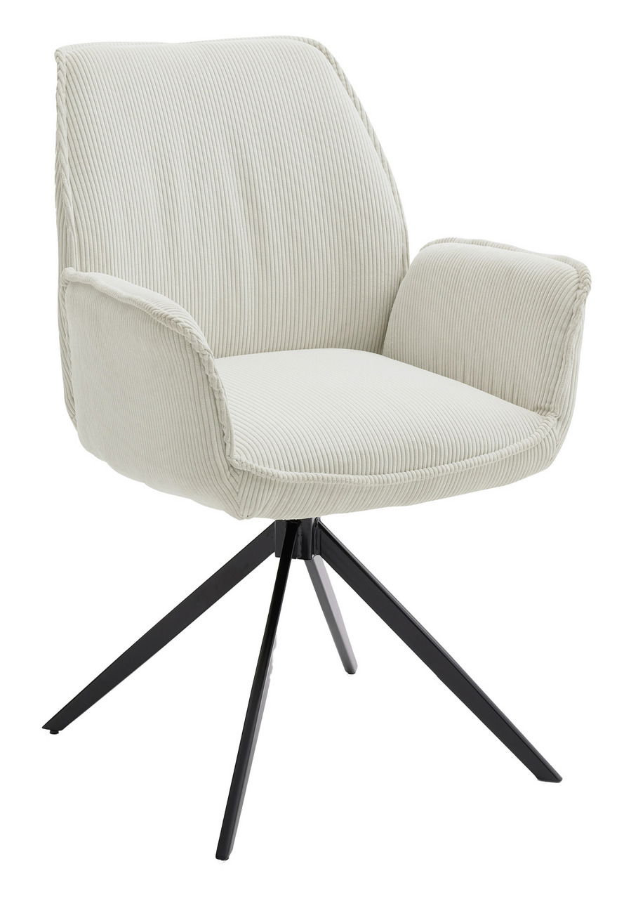 Moderner Armlehnstuhl mit hellgrauem, geripptem Stoffbezug und schwarzem Metallgestell, seitliche Perspektive