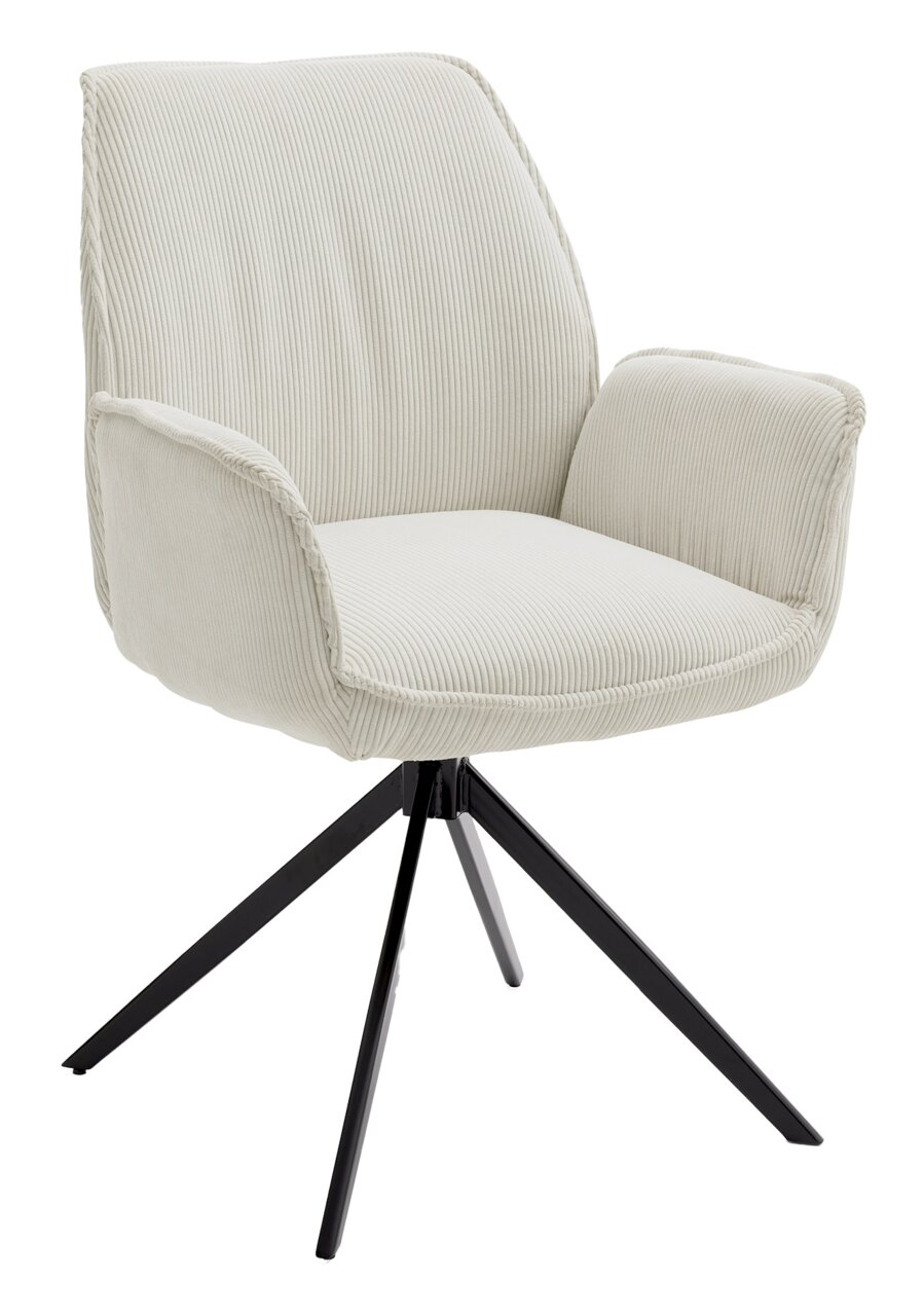 Moderner Armlehnstuhl mit hellgrauem, geripptem Stoffbezug und schwarzem Metallgestell, seitliche Perspektive