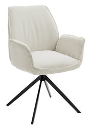 Moderner Armlehnstuhl mit hellgrauem, geripptem Stoffbezug und schwarzem Metallgestell, seitliche Perspektive