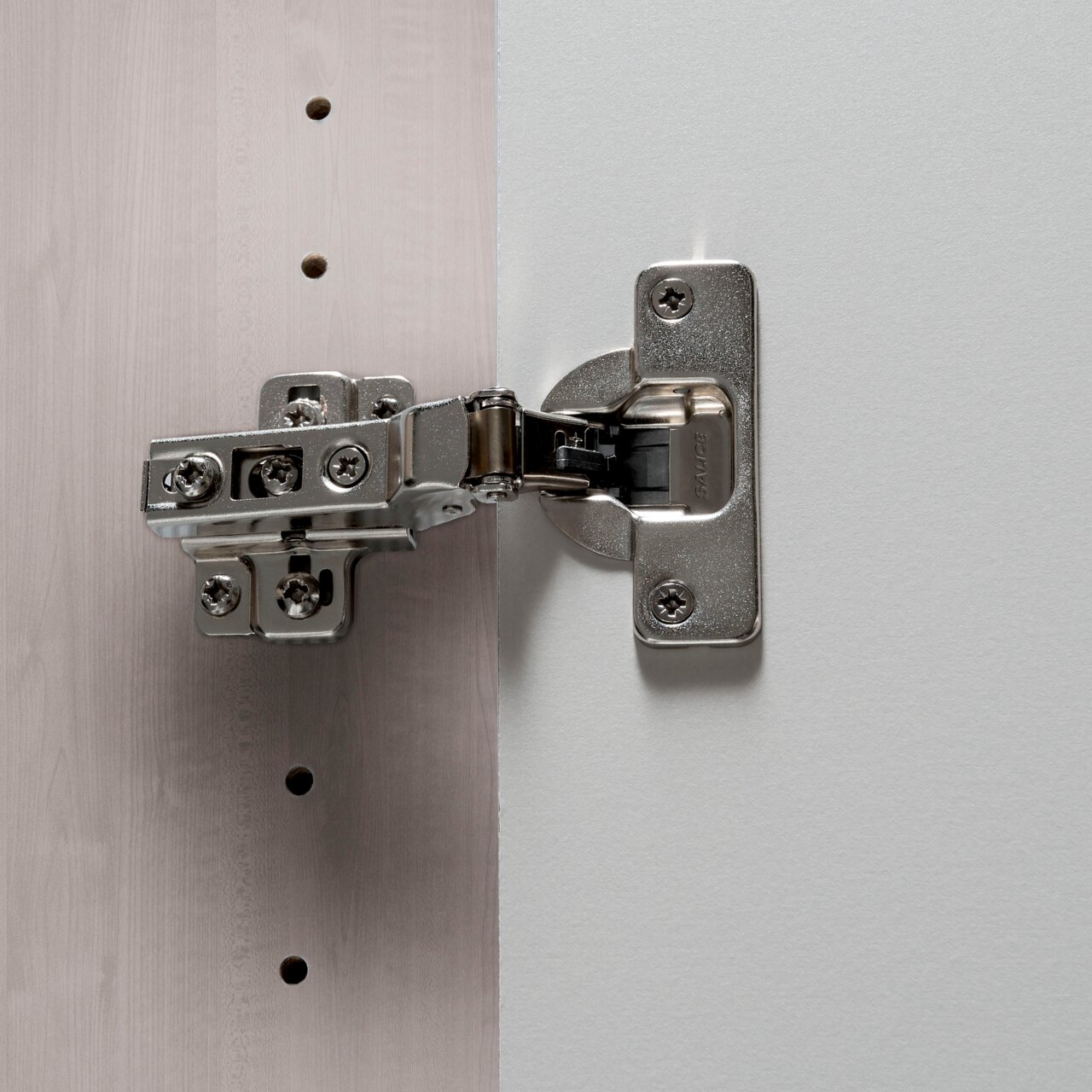 Nahaufnahme eines Scharniers an einem Drehtürenschrank, seitliche Perspektive