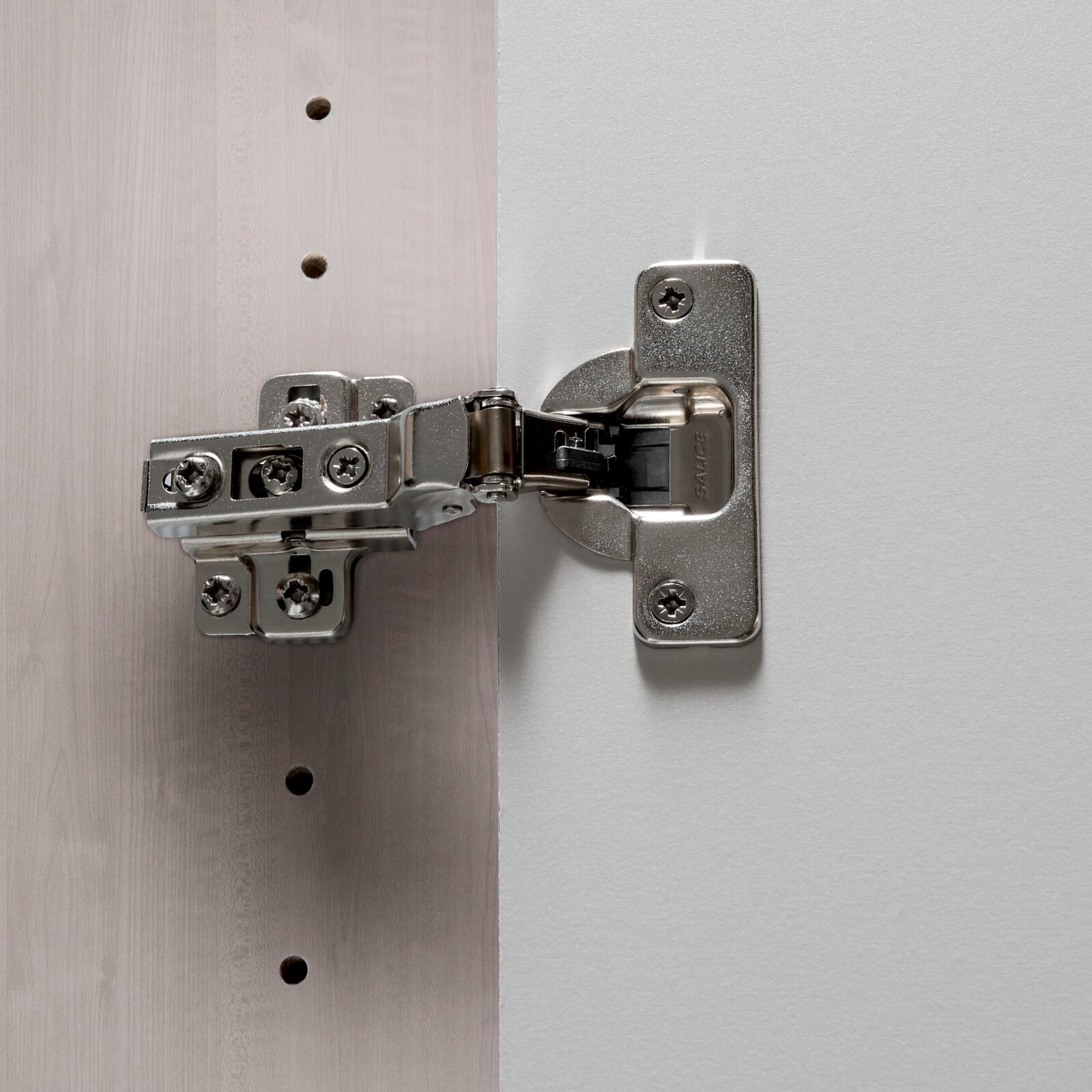 Nahaufnahme eines Scharniers an einem Drehtürenschrank, seitliche Perspektive