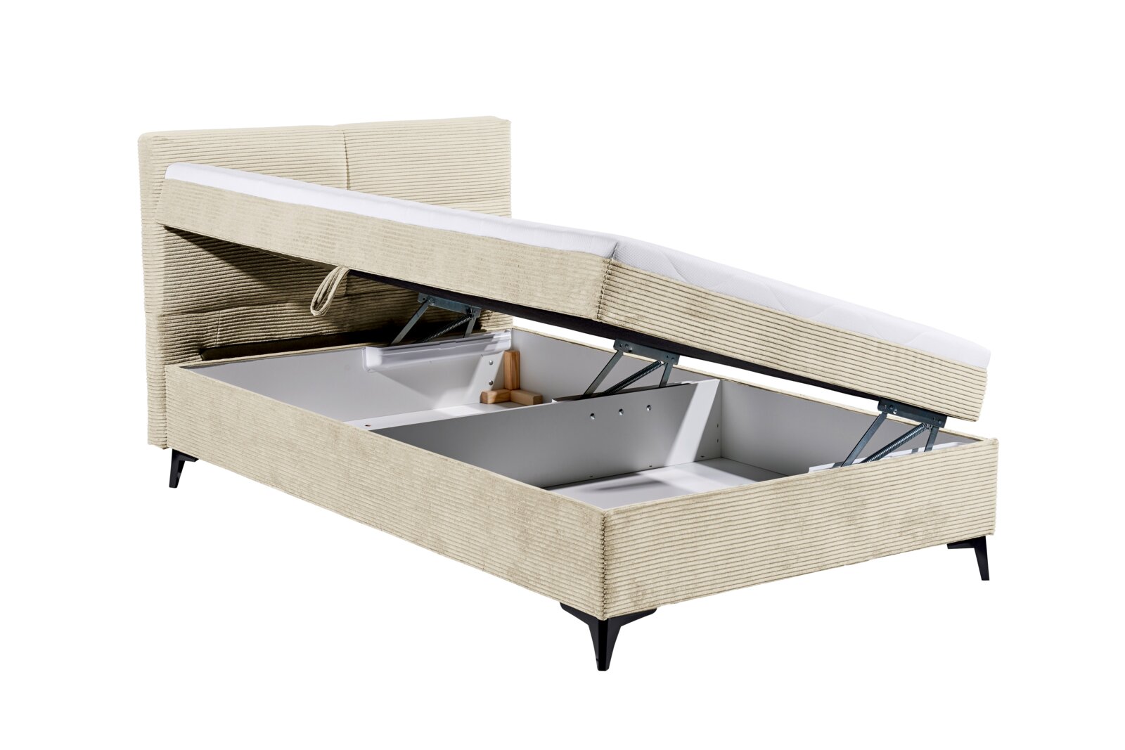 Boxbett mit geöffnetem Stauraum, seitliche Perspektive
