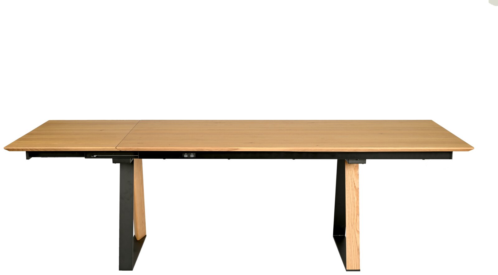 Moderne eettafel van hout met metalen poten, gezien van voren