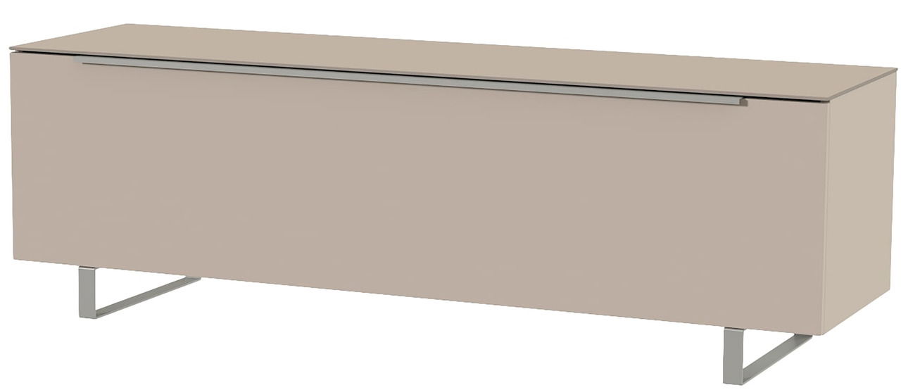 Beiges TV-Lowboard mit Metallfüßen, seitliche Perspektive