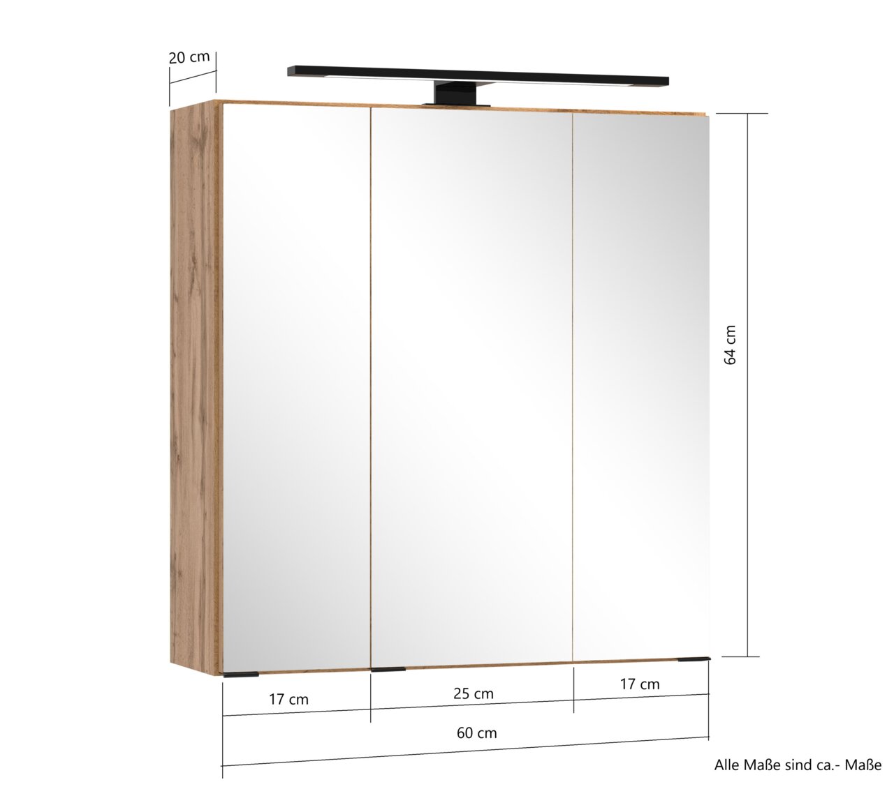 Spiegelschrank 60 cm mit drei Türen, Holzoptik an der Seite, Frontansicht mit Beleuchtung oben, Maße 60x64x20 cm