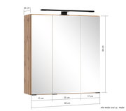 Spiegelschrank 60 cm mit drei Türen, Holzoptik an der Seite, Frontansicht mit Beleuchtung oben, Maße 60x64x20 cm