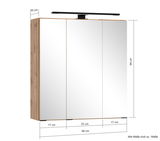 Spiegelschrank 60 cm mit drei Türen, Holzoptik an der Seite, Frontansicht mit Beleuchtung oben, Maße 60x64x20 cm