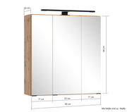 Spiegelschrank 60 cm mit drei Türen, Holzoptik an der Seite, Frontansicht mit Beleuchtung oben, Maße 60x64x20 cm