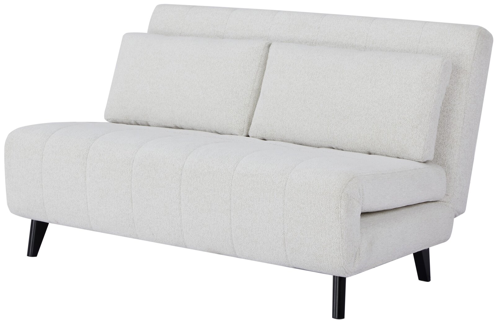 Beiges Funktionssofa mit zwei Rückenkissen und schwarzen Beinen, seitliche Perspektive