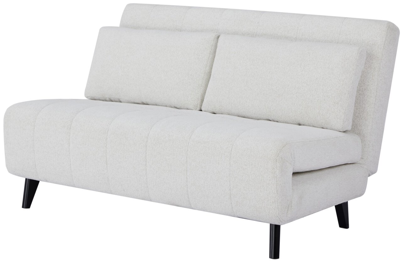 Beiges Funktionssofa mit zwei Rückenkissen und schwarzen Beinen, seitliche Perspektive