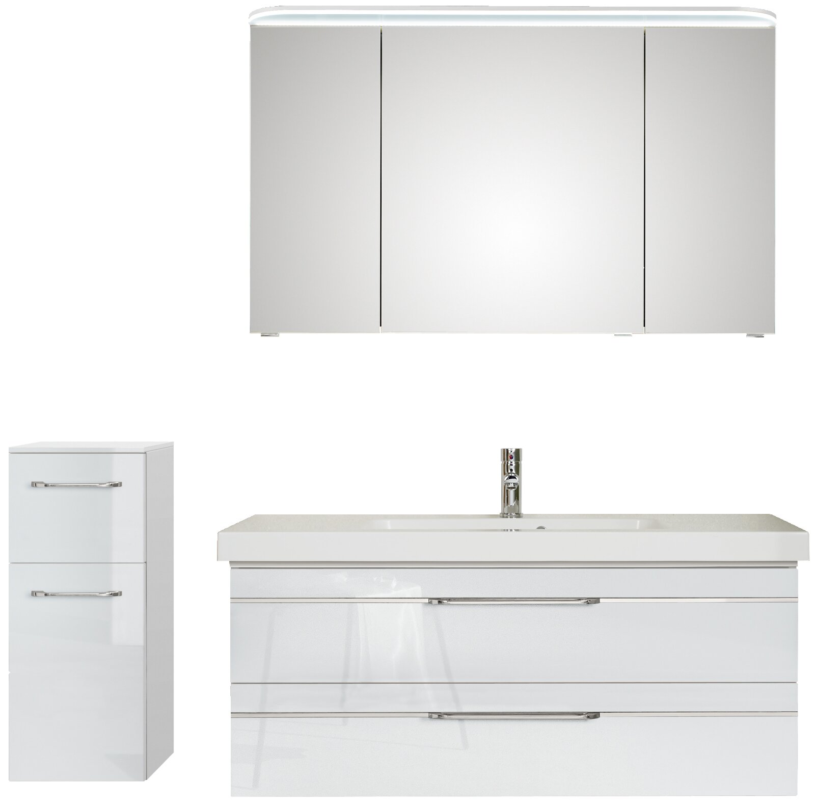 Moderner Badblock mit Spiegelschrank, Waschbeckenunterschrank und hohem Seitenschrank, frontal abgebildet.