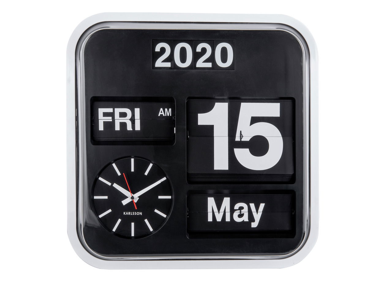 KARLSSON Big Flip Wanduhr Große Flip-Wanduhr mit Datumsanzeige, Uhrzeit und Wochentag, frontal abgebildet.