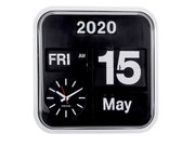 Große Flip-Wanduhr mit Datumsanzeige, Uhrzeit und Wochentag, frontal abgebildet.