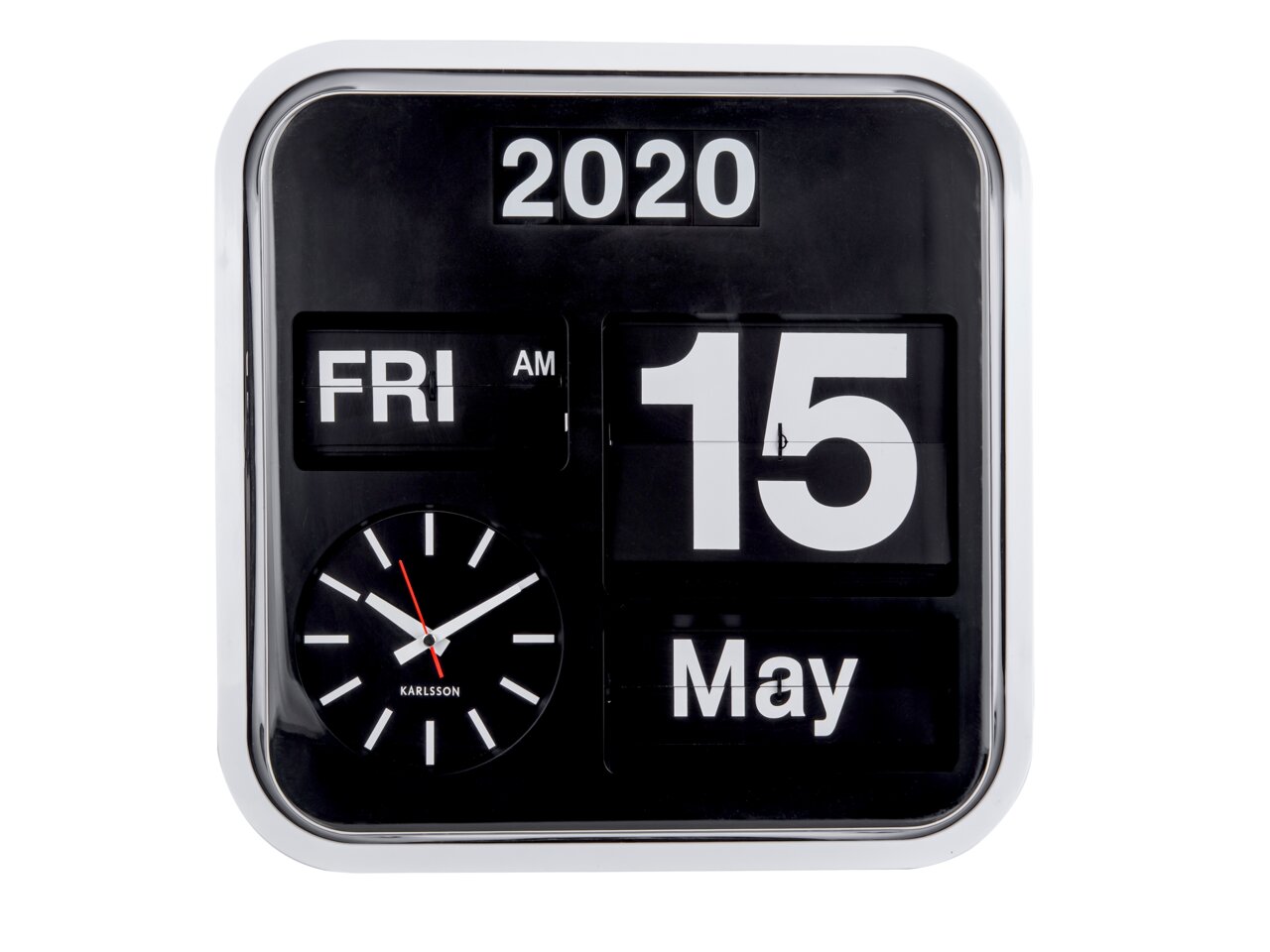 Große Flip-Wanduhr mit Datumsanzeige, Uhrzeit und Wochentag, frontal abgebildet.