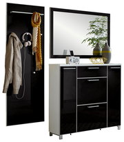 Garderoben-Set 3-tlg. in modernem Design mit schwarzem Hochglanz-Finish, bestehend aus einem Wandpaneel mit Haken und Ablage, einem großen Spiegel und einem geräumigen Schuhschrank. Perspektive: Frontalansicht.