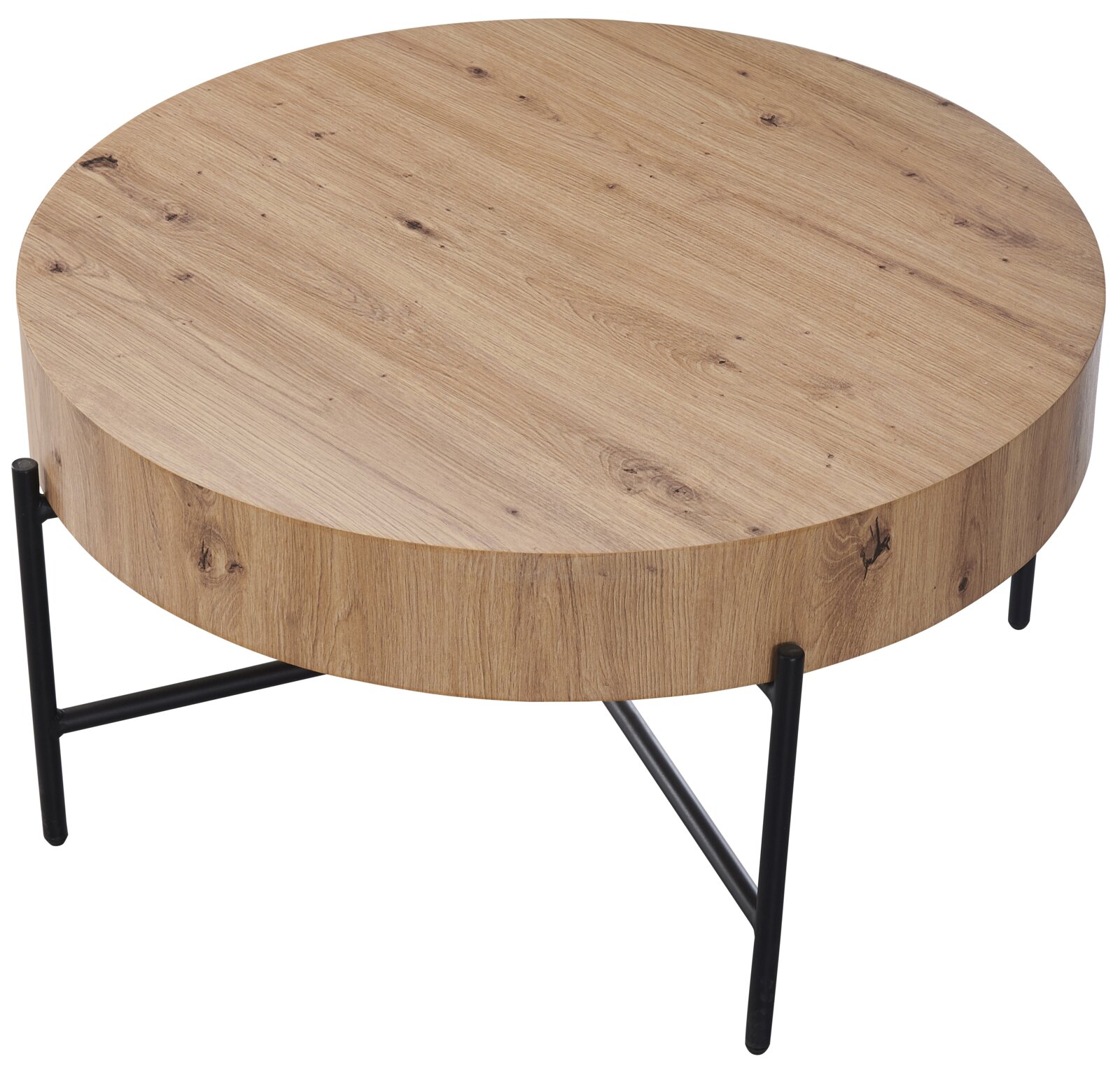 Z2 Couchtisch ANTONIA Runder Couchtisch mit dicker Holzplatte in Eichenoptik und schwarzem Metallgestell, schräg von oben in 3/4-Ansicht fotografiert