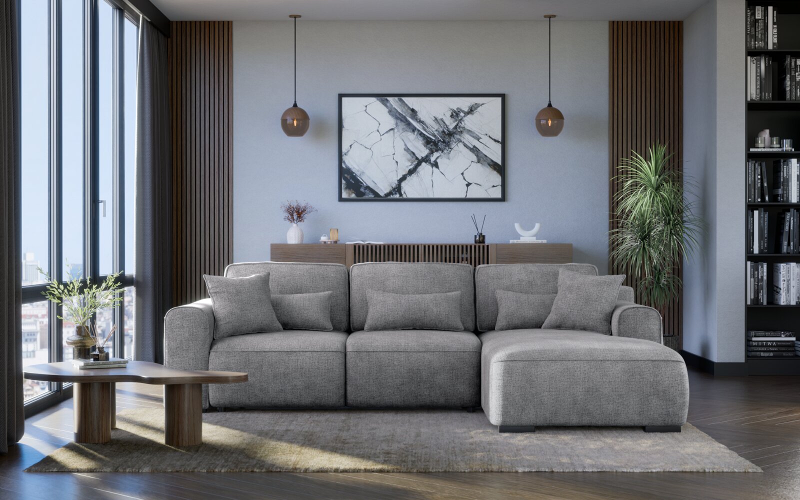Graues Ecksofa in modernem Wohnzimmer, Frontalansicht