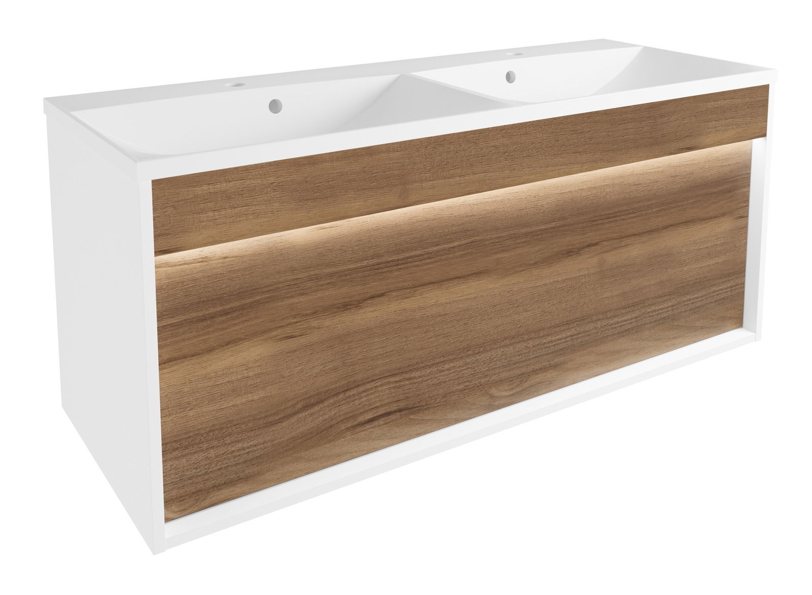 Moderner Doppelwaschtisch mit Holzoptik und weißem Korpus, seitliche Perspektive