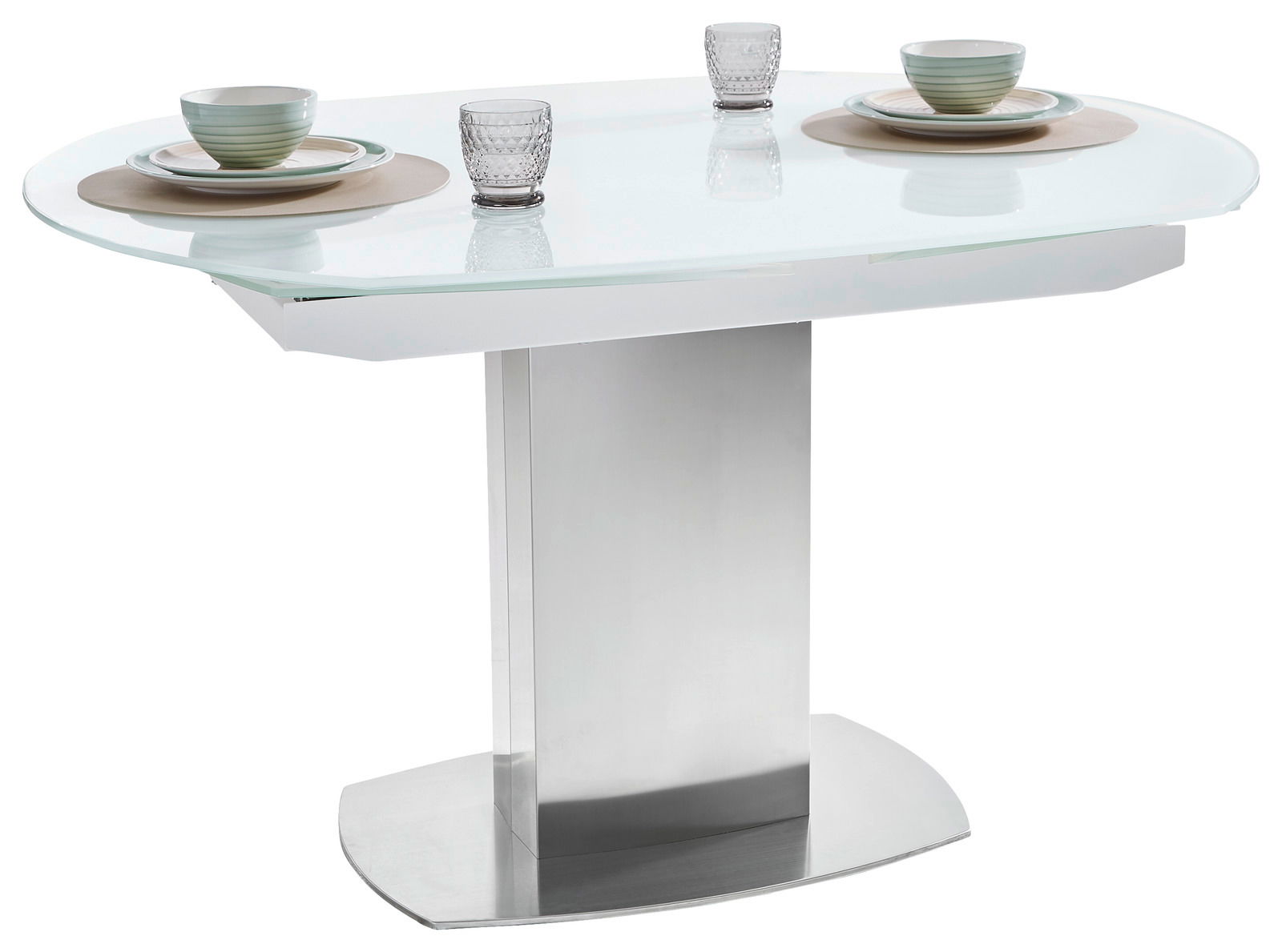 Moderner Esstisch mit ovaler Glasplatte und zentralem Metallfuß, seitliche Perspektive