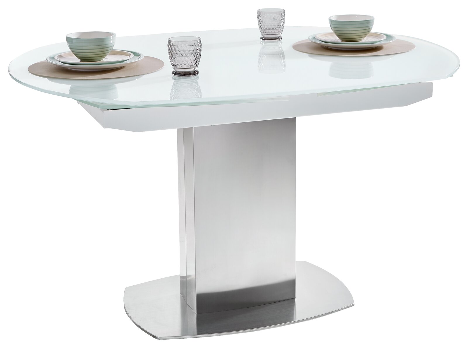 Moderner Esstisch mit ovaler Glasplatte und zentralem Metallfuß, seitliche Perspektive