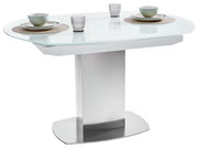 Moderner Esstisch mit ovaler Glasplatte und zentralem Metallfuß, seitliche Perspektive