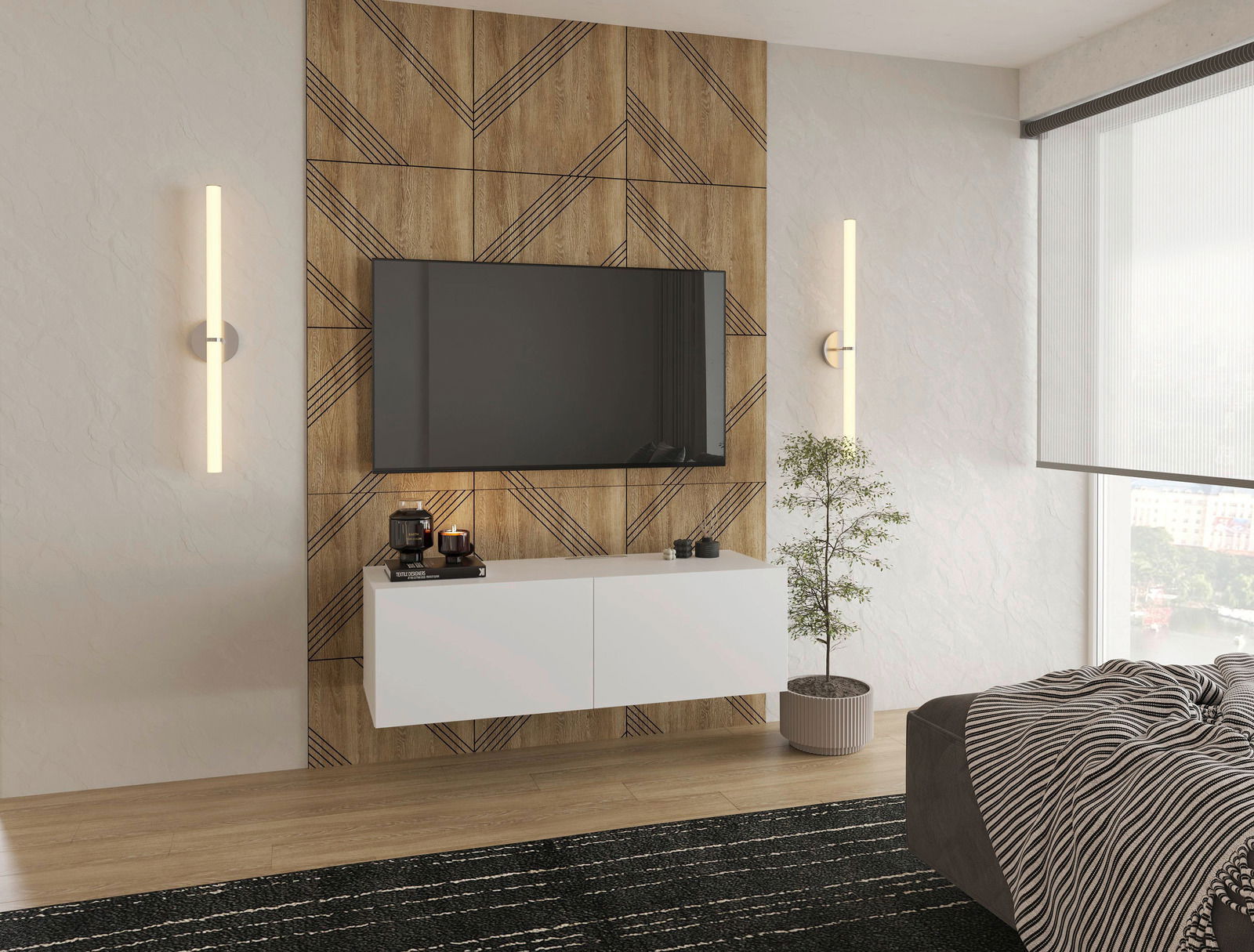 Modernes TV-Hängelowboard in Weiß, frontal betrachtet, unter einem an der Wand montierten Fernseher, umgeben von stilvoller Dekoration und Beleuchtung.