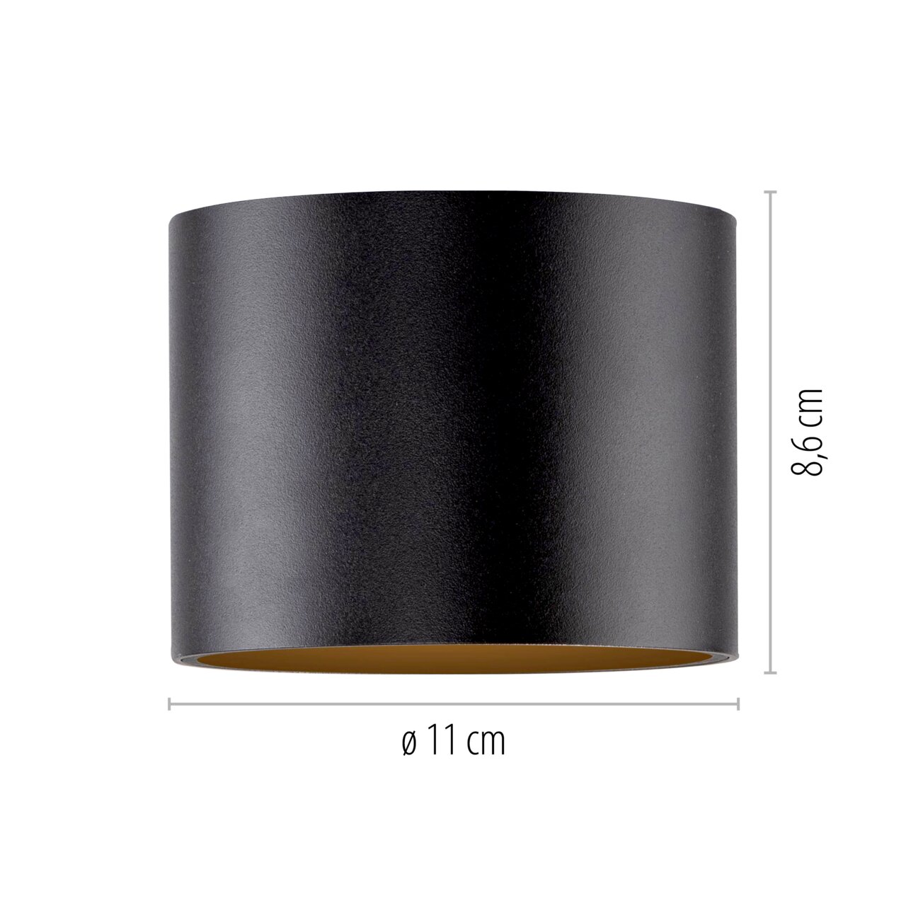 Zylindrische LED-Deckenleuchte in Schwarz, Durchmesser 11 cm, Höhe 8,6 cm, Seitenansicht