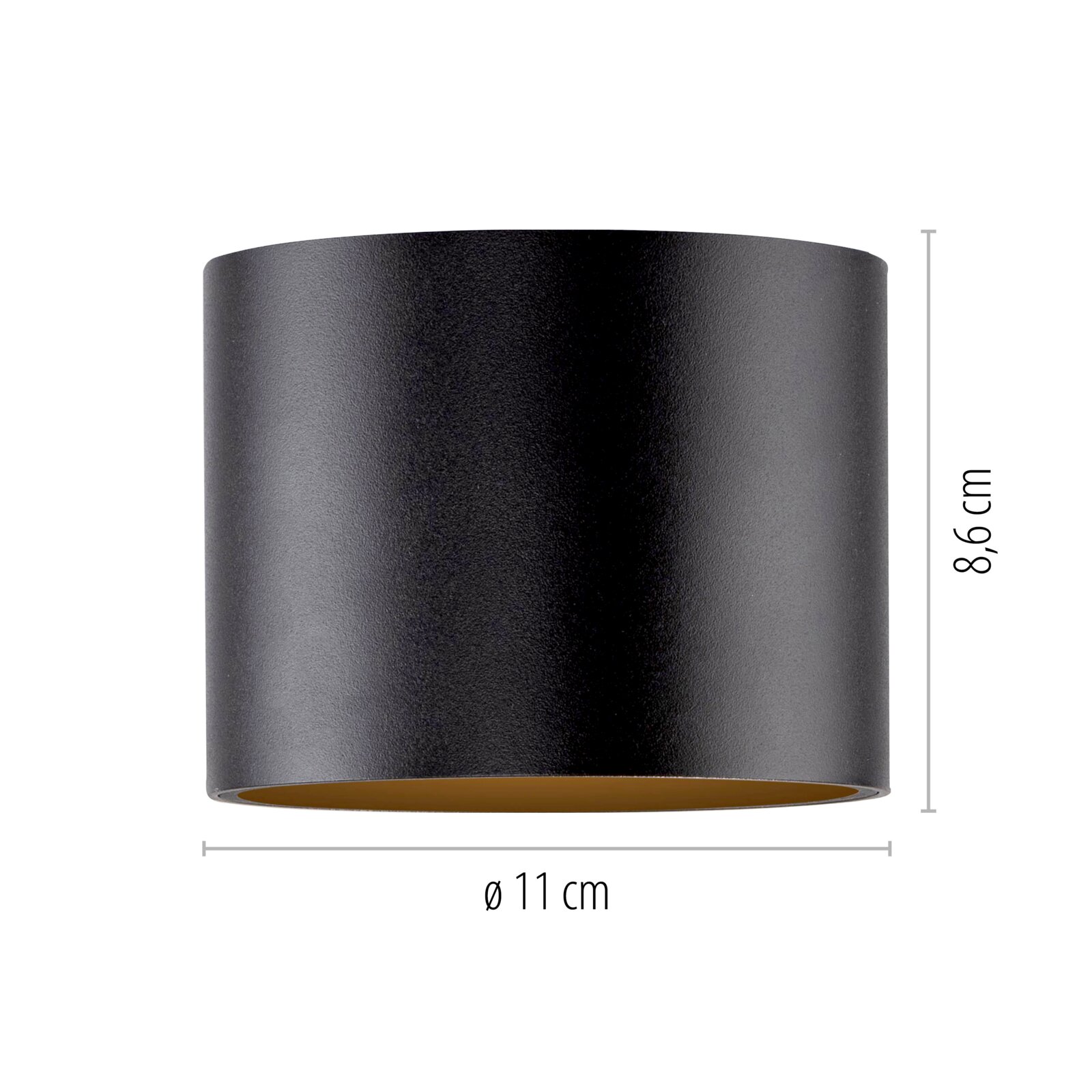Zylindrische LED-Deckenleuchte in Schwarz, Durchmesser 11 cm, Höhe 8,6 cm, Seitenansicht