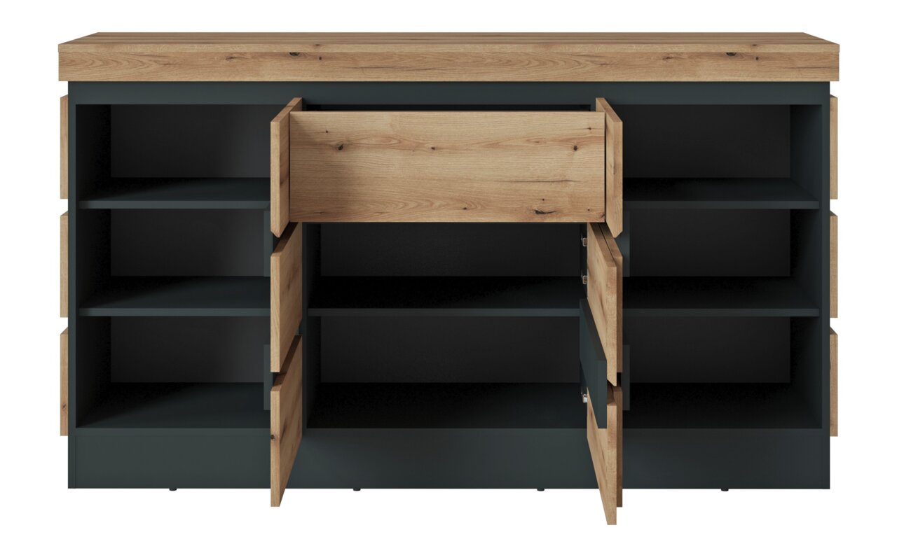 Frontansicht eines modernen Sideboards mit offenen Türen und Schubladen, Holz- und Dunkelgrün-Design.