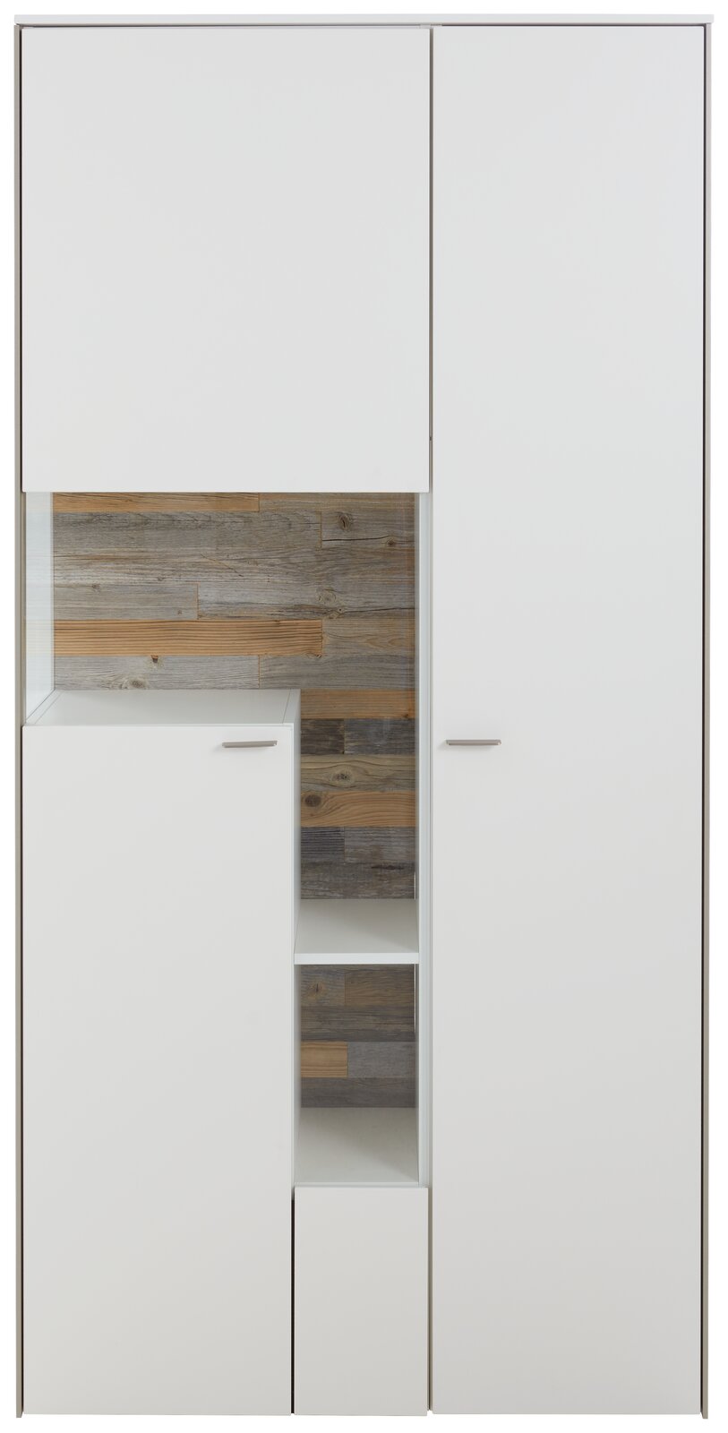 Frontansicht einer modernen weißen Vitrine mit Holzelementen und Glasfront.