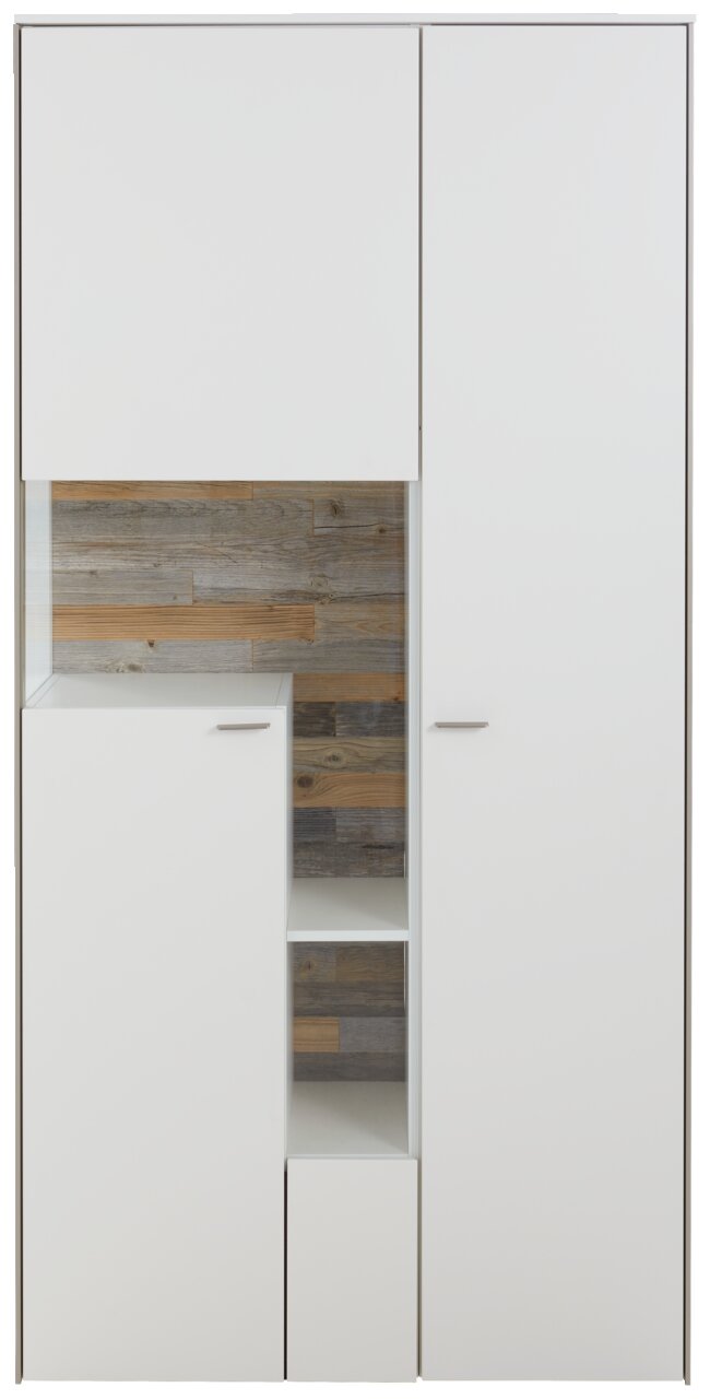 Frontansicht einer modernen weißen Vitrine mit Holzelementen und Glasfront.