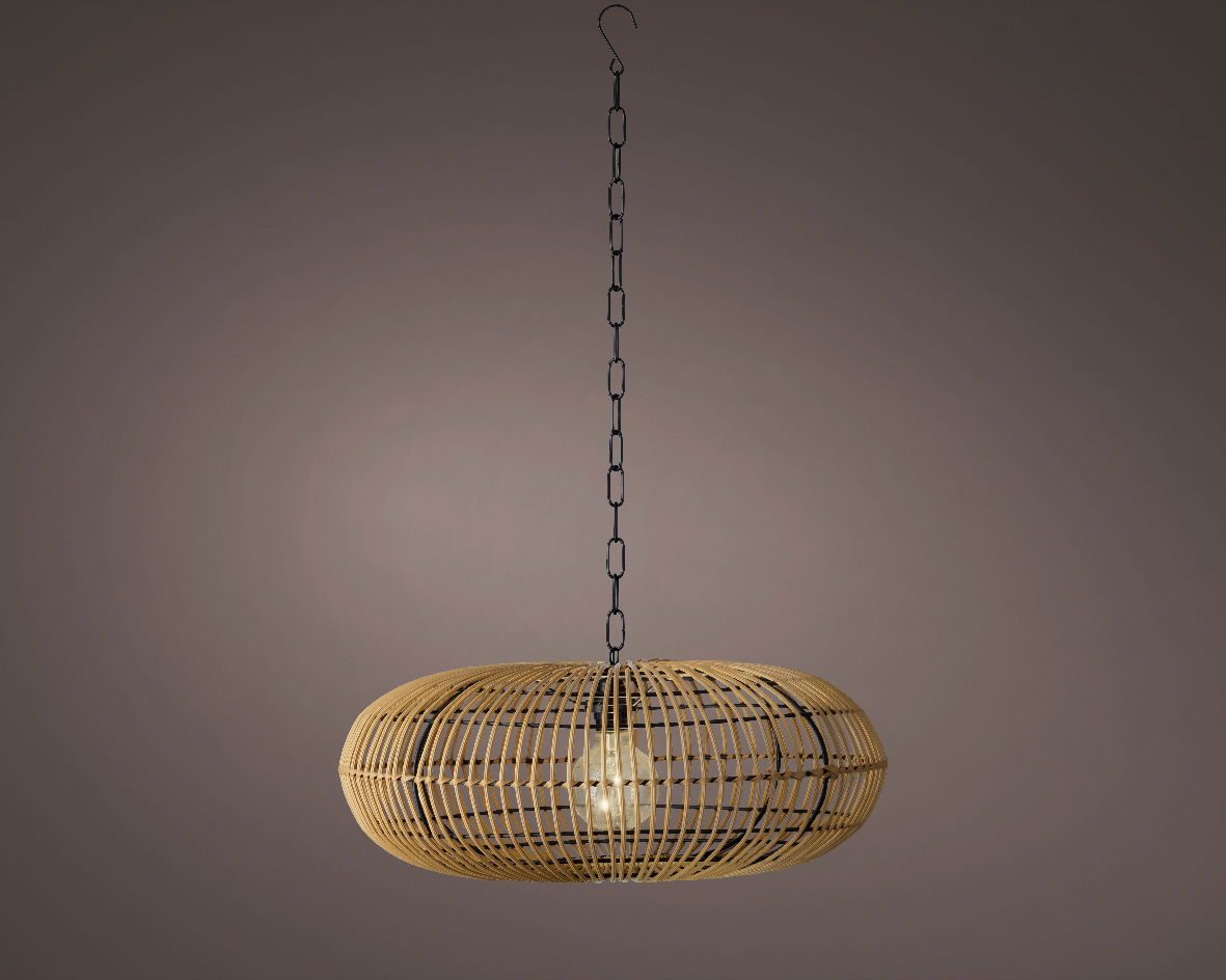 Hängende Solarleuchte aus Rattan mit Kettenaufhängung, seitliche Perspektive