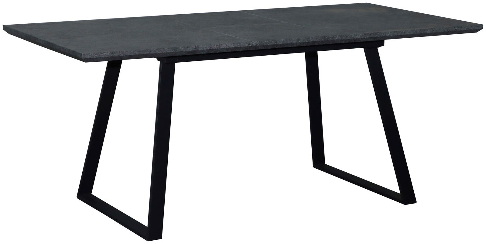 Moderner Esstisch mit dunkler Tischplatte und schwarzen Metallbeinen, seitliche Perspektive