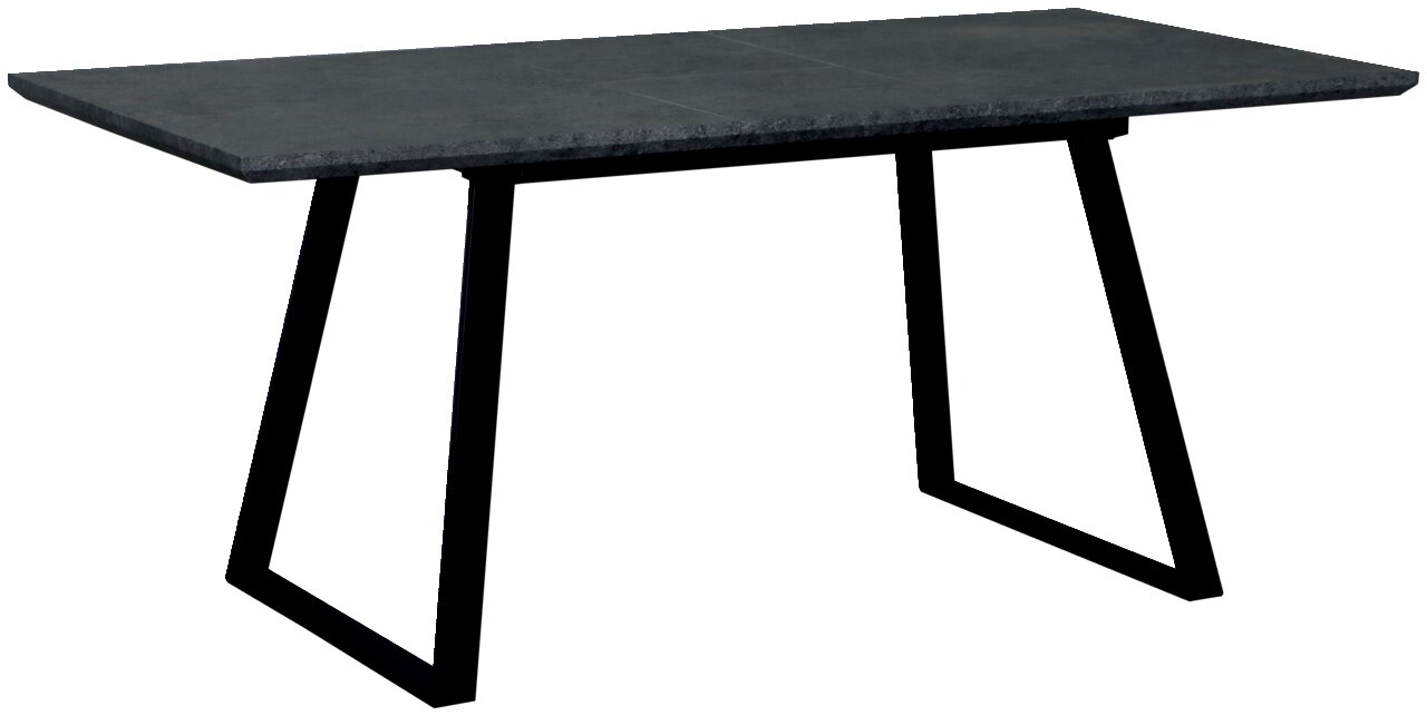 Moderne eettafel met donker tafelblad en zwarte metalen poten, zijaanzicht