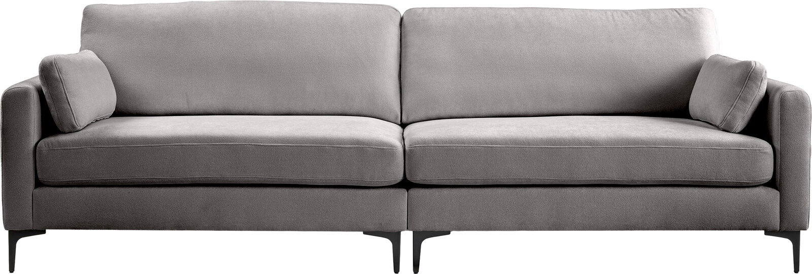 Graues 2-Sitzer-Sofa mit zwei großen Rückenkissen, zwei Sitzkissen, schmalen Armlehnen und schwarzen Metallfüßen, frontal von vorne fotografiert.