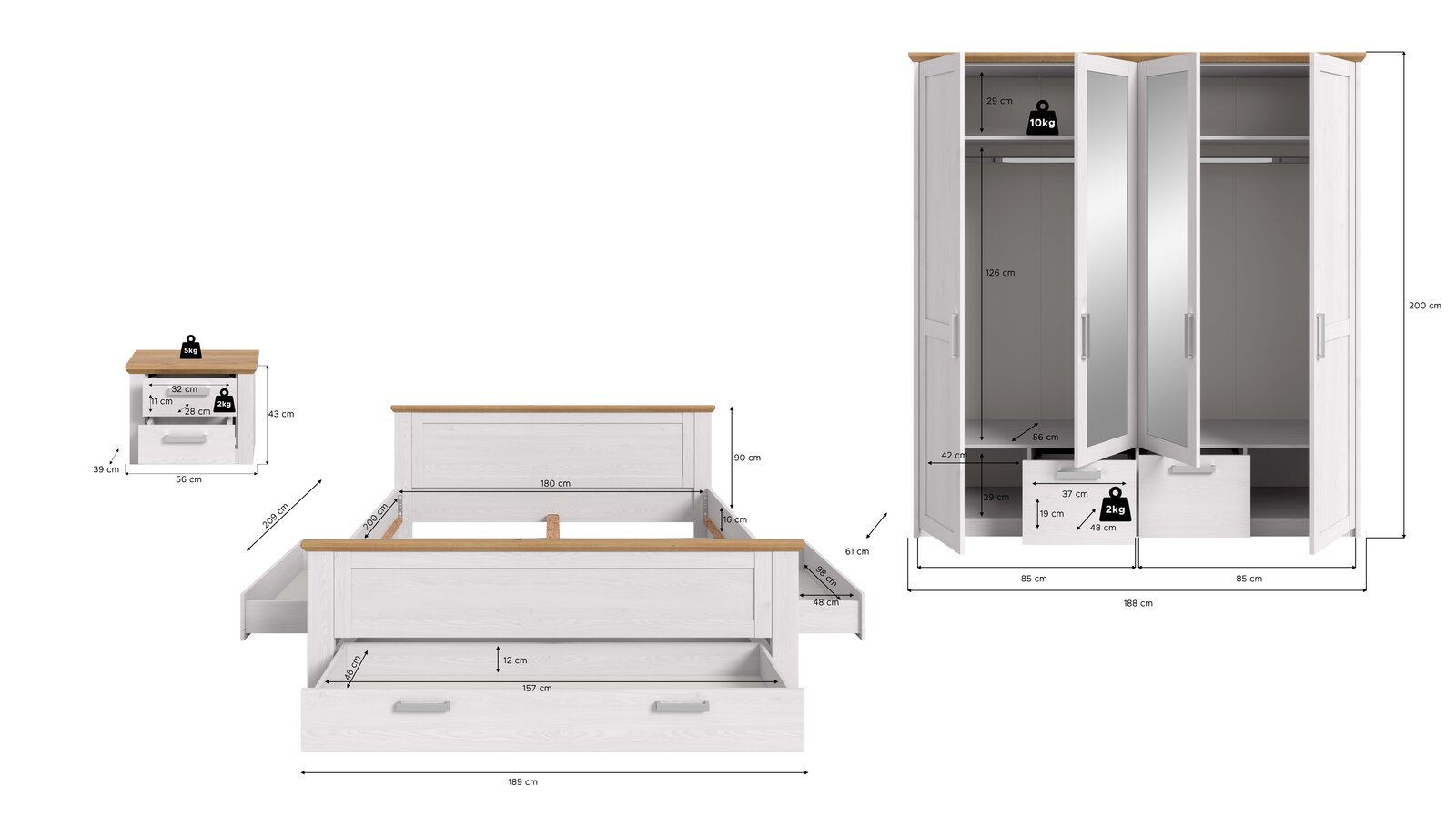 Bemaßte Produktansicht eines weißen Schlafzimmermöbel-Sets im Landhausstil mit Bettgestell inklusive Schubladen, Nachttisch und 4-türigem Kleiderschrank mit Spiegeln und Schublade, dargestellt in frontaler Perspektive mit geöffneten Türen und Maßangaben.