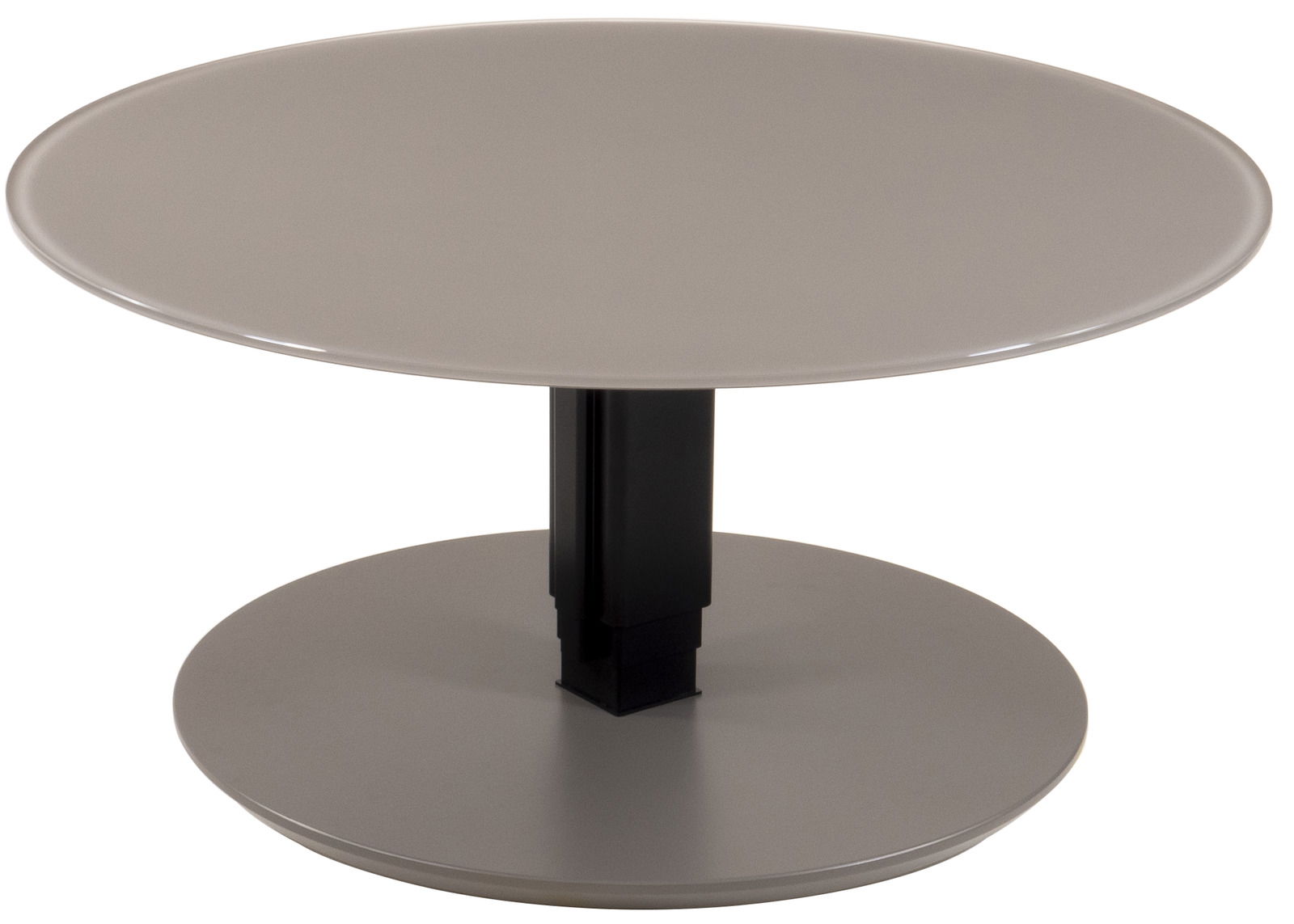 Moderner Couchtisch mit runder, grauer Tischplatte und stabiler, schwarzer Mittelsäule, seitliche Perspektive.