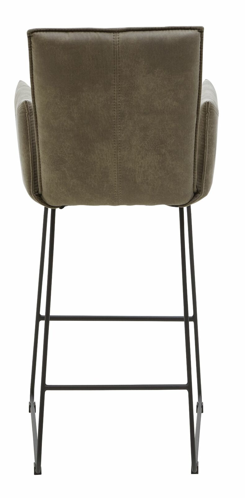 Rückansicht eines Tresensessels mit gepolsterter Rückenlehne und Metallbeinen.