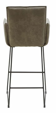 Rückansicht eines Tresensessels mit gepolsterter Rückenlehne und Metallbeinen.