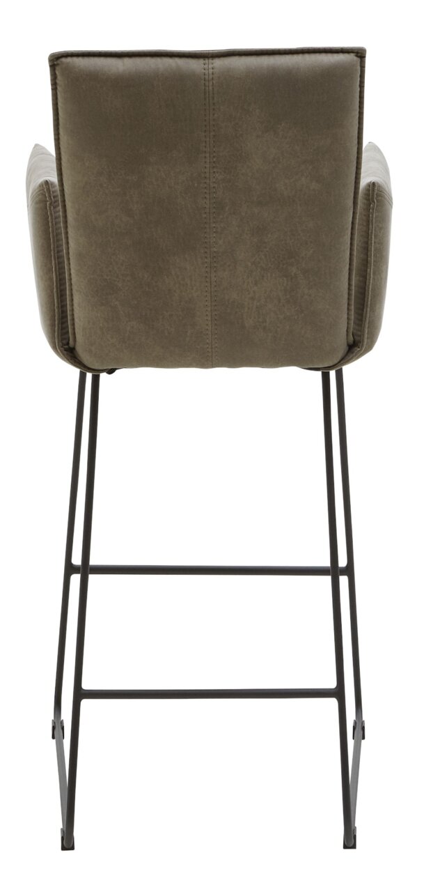 Rückansicht eines Tresensessels mit gepolsterter Rückenlehne und Metallbeinen.