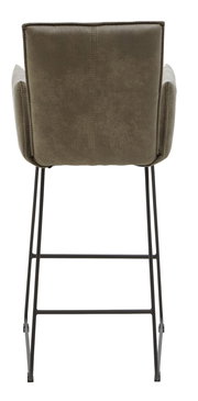 Rückansicht eines Tresensessels mit gepolsterter Rückenlehne und Metallbeinen.