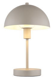 Moderne Tischleuchte mit rundem, grauem Schirm und schlichtem Design, seitliche Perspektive