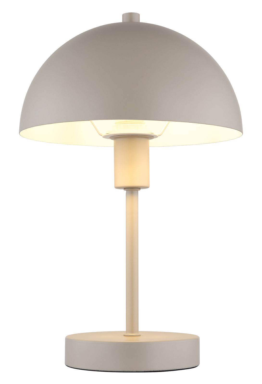 Moderne Tischleuchte mit rundem, grauem Schirm und schlichtem Design, seitliche Perspektive