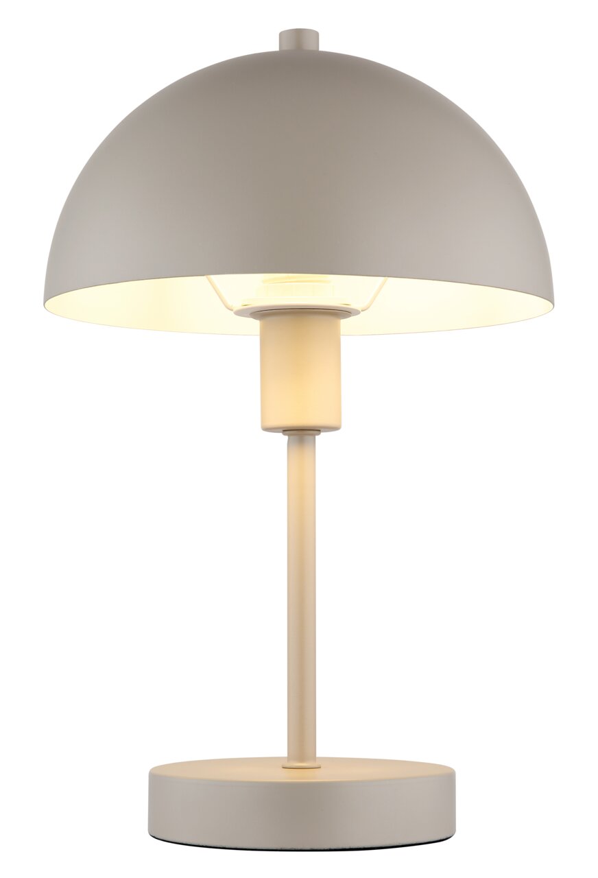 Moderne Tischleuchte mit rundem, grauem Schirm und schlichtem Design, seitliche Perspektive