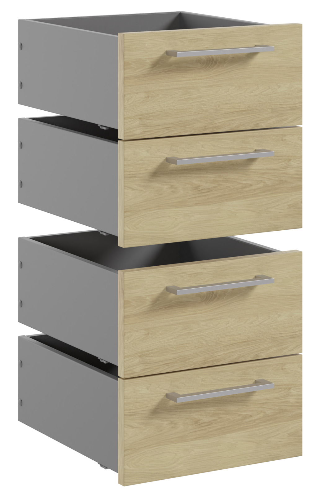 Schubladeneinsatz-Set mit drei offenen Schubladen in Holzoptik, seitliche Perspektive