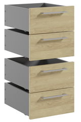 Schubladeneinsatz-Set mit drei offenen Schubladen in Holzoptik, seitliche Perspektive
