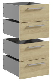 Schubladeneinsatz-Set mit drei offenen Schubladen in Holzoptik, seitliche Perspektive