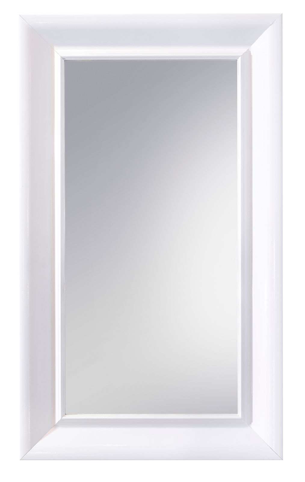 Rechteckiger Spiegel mit weißem Rahmen, frontal fotografiert.