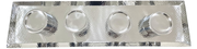 Rechteckiges Edelstahl-Tablett mit gehämmerter Oberfläche und vier runden Vertiefungen, Draufsicht.