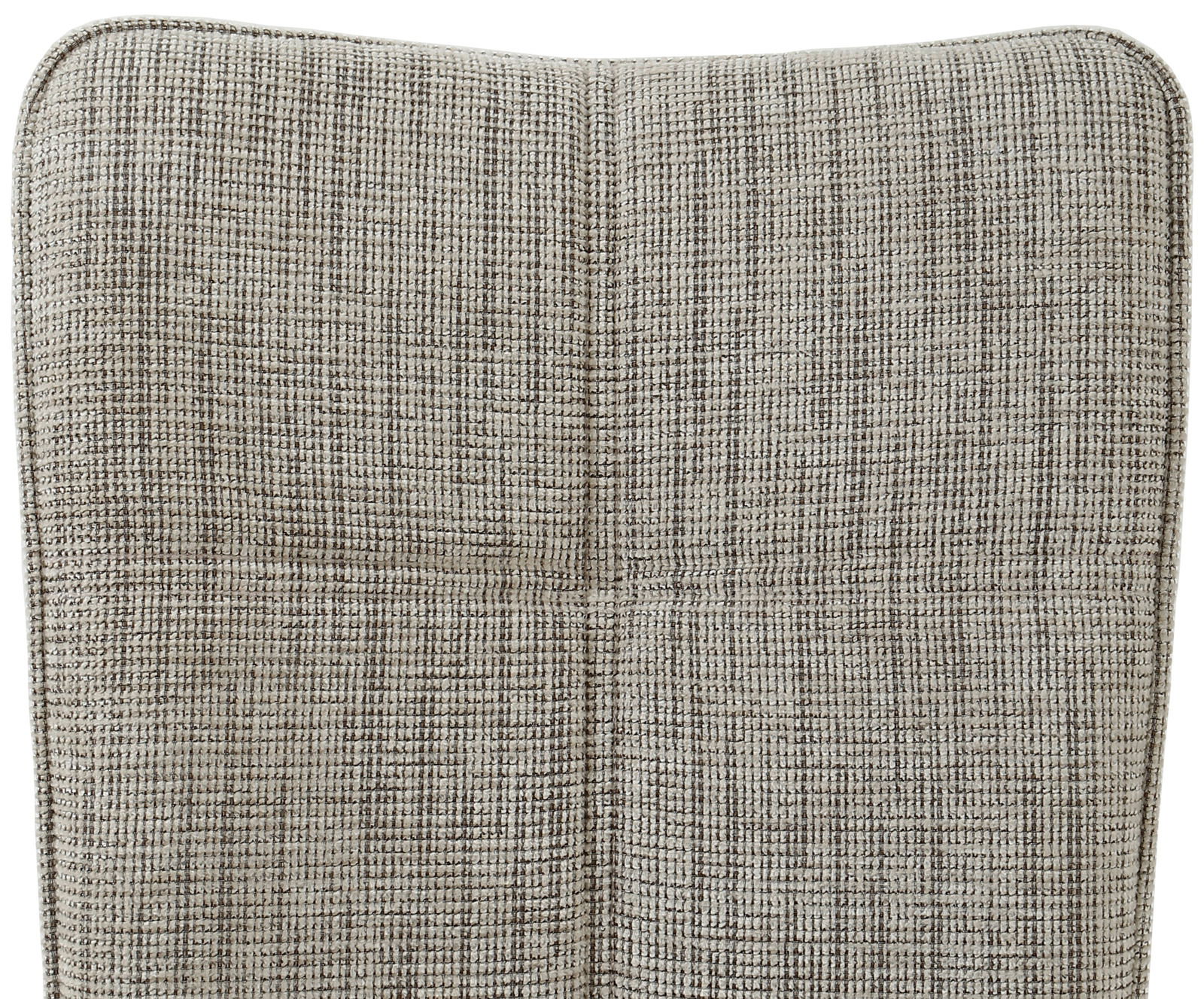 Nahaufnahme der Rückenlehne eines Stuhls mit grauem, strukturiertem Stoffbezug.